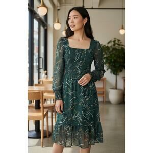 Retro Style Square Neck Midi Dress Semi-Sheer Sleeves Smocked M Green Metallic